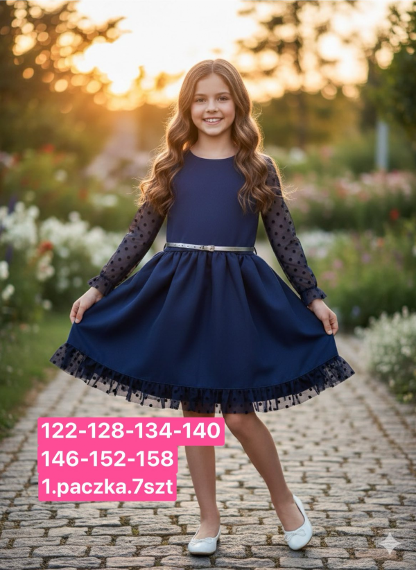  Sukienki dziewczęce Roz 122-158, 1 kolor Paczka 7 szt